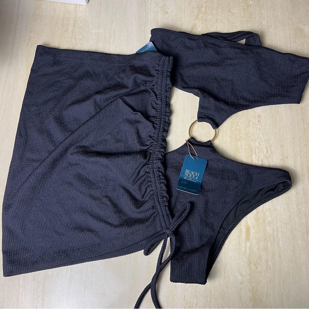 Brazilian Black strapless Swimsuit with Skirt beach soul